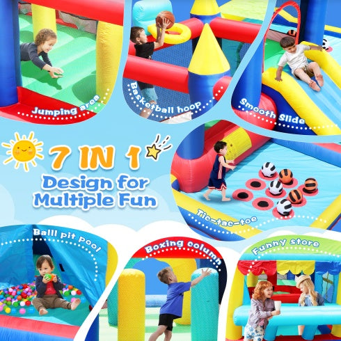 7 In 1 Inflatable Bounce House, Bouncy House With Ball Pit For Kids Indoor Outdoor Party