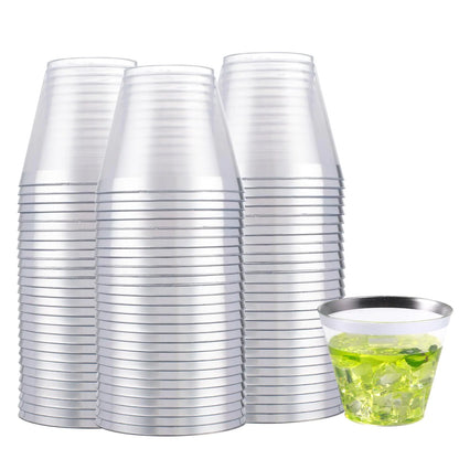 Hioasis 200pcs Silver Plastic Cups Disposable 9oz Clear Plastic Tumblers