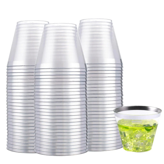 Hioasis 200pcs Silver Plastic Cups Disposable 9oz Clear Plastic Tumblers