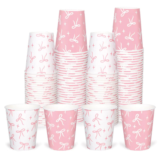 Whaline 100Pcs Pink Bow Paper Cups 9 oz Disposable Coffee Cups